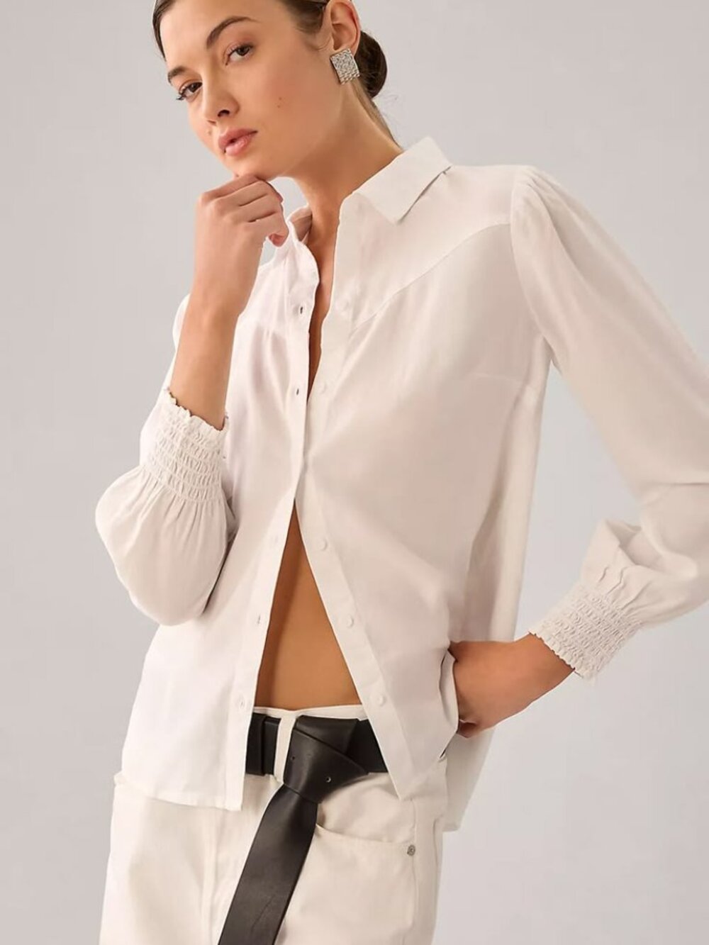 Cloth & Stone Anthropologie Women's Smocked Cuff Buttondown Blouse White Medium